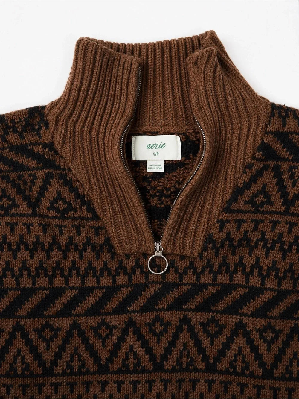 Aerie Fair Isle Quarter Zip Knit Sweater Brown Black Women’s Small S